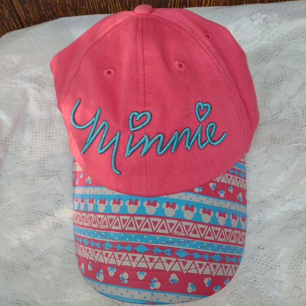 Disney Parks Youth Hot Pink Script Minnie Embroidered Hat with an Aztec brim. 